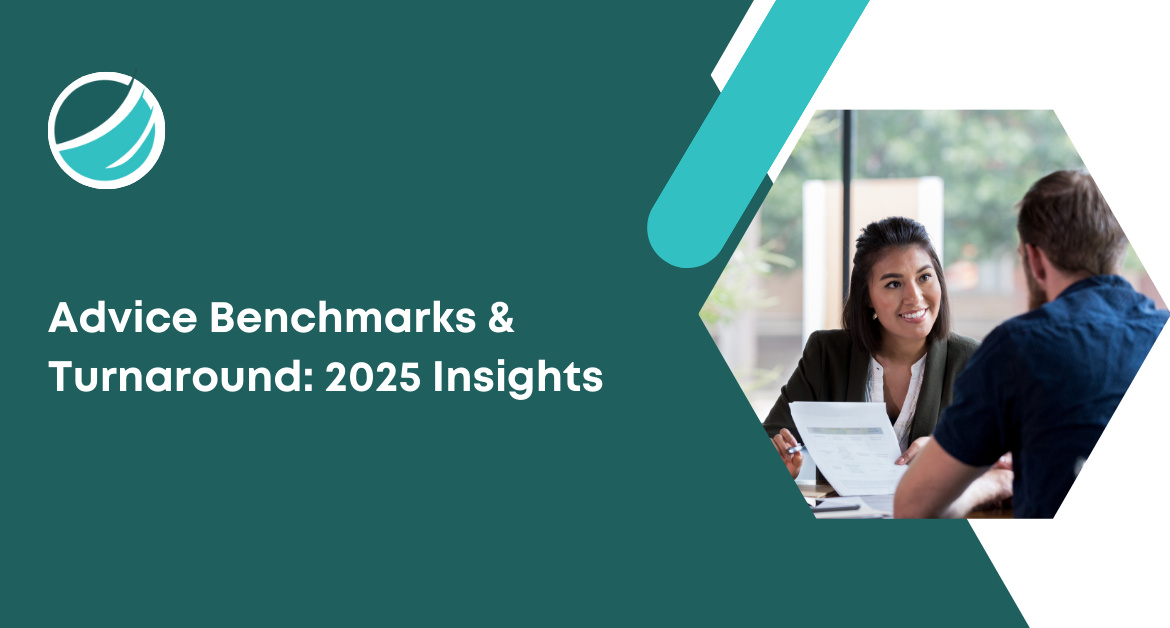 Businesswoman providing financial advice to a client with text overlay "Advice Production Benchmarks & Financial Advice Turnaround: What Firms Should Know in 2025".