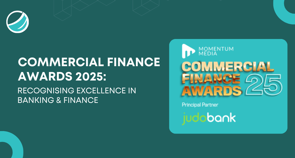 Commercial Finance Awards 2025 graphic highlighting recognition of excellence in banking and finance, presented by Momentum Media in partnership with Judo Bank.