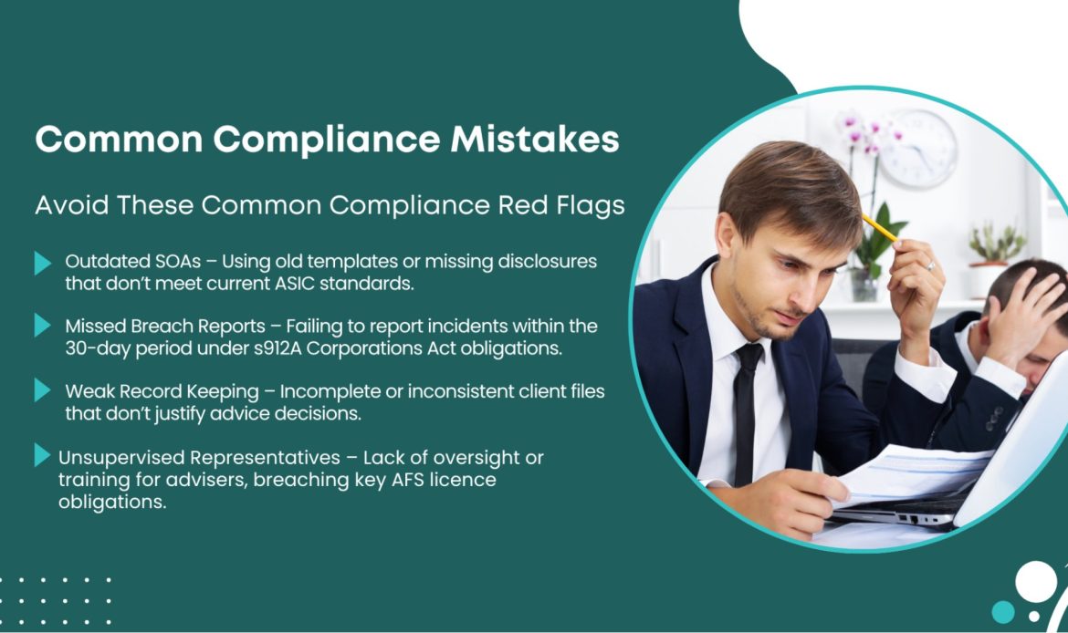 Common Compliance Mistakes – stressed financial advisers reviewing client files, highlighting issues like outdated SOAs, missed breach reports, weak record keeping, and unsupervised representatives.